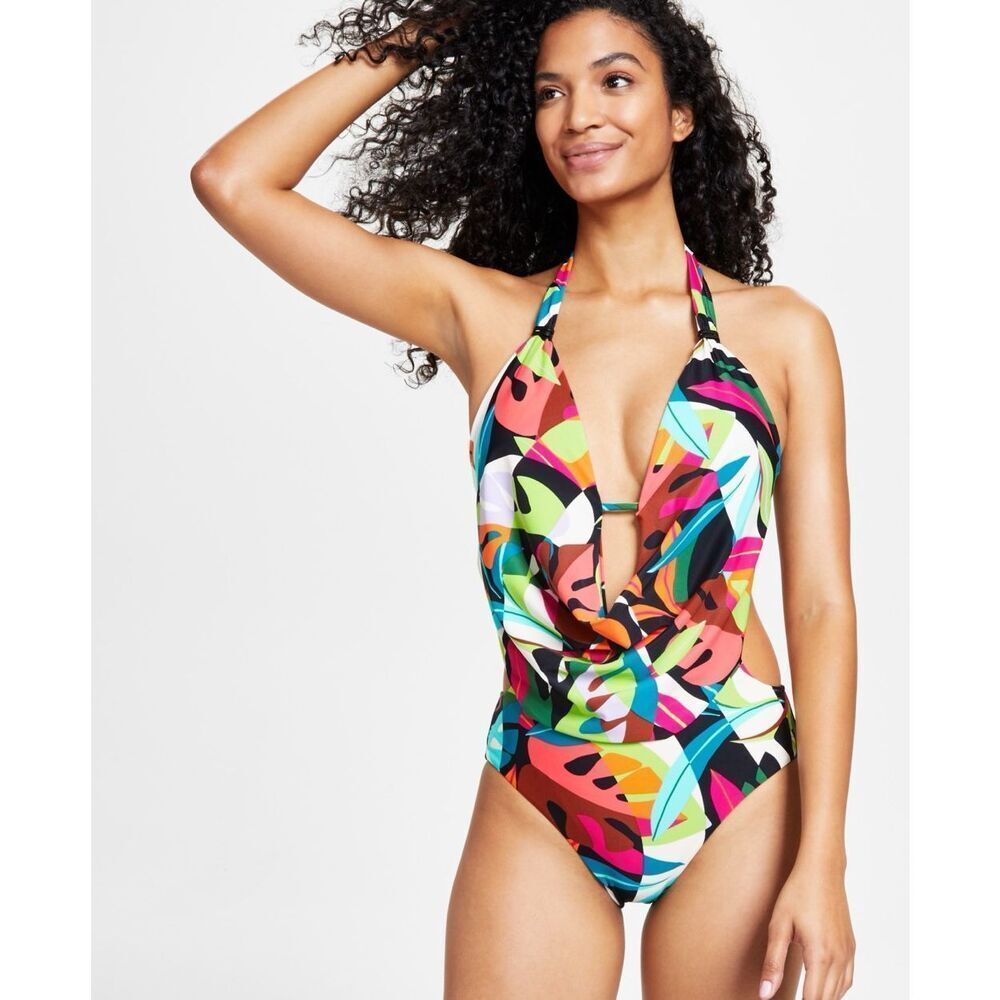 Bar Iii Multi Tropical Dreams Cowlneck One-Piece Swimsuit Us X-Small